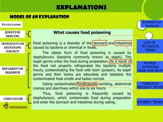 EXPLANATIONS
    MODEL OF AN EXPLANATION
                                                                                 Grammatical
Structures                                                                         features
 QUESTION                  What causes food poisoning
  HEADING

INTRODUCTION   Food poisoning is a disorder of the stomach and intestines        USE OF
  DECRIBING    caused by bacteria or chemical in foods.                         TECHNICAL
   SUBJECT                                                                        TERMS
                     The classic form of food poisoning is caused by
               staphylococci (bacteria commonly known as staph). The
               staph germs enter the food during preparation. As a result of      WORDS
               the food not properly refrigerated the bacteria multiply          SHOWING
EXPLANATION
               hourly, contaminating the food with toxin (poison). As staph    HOW AND WHY
  SEQUENCE
               germs and their toxins are odourless and tasteless the
               contaminated food smells and tastes normal.
                     Eating contaminated food causes vomiting, abdominal          TIMELESS
               cramps and diarrhoea within one to six hours.                   PRESENT TENSE
                     Thus, food poisoning is frequently caused by
 CONCLUSION    staphylococci, which contaminate food during preparation
               and enter the stomach and intestines during eating.             GENERIC TERMS
 