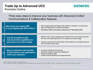 Trade Up to Advanced UCC
     Promotion Outline

            Three easy steps to improve your business with Advanced Unified
            Communications & Collaboration features:



                                                                              • Promotion valid on all orders received by 31st December 2012




 Note 1: Promotion excludes OpenScape Office HX.
 Note 2: Promotion available via participating Siemens Enterprise Communications Partners and Sales Channels. Conditions apply. Talk with your Partner for full details.

                                                                                                       © 2011 Siemens Enterprise Communications GmbH & Co. KG.
10          September 11
                                                                                                       Siemens Enterprise Communications GmbH & Co. KG is a Trademark Licensee of Siemens AG.
 