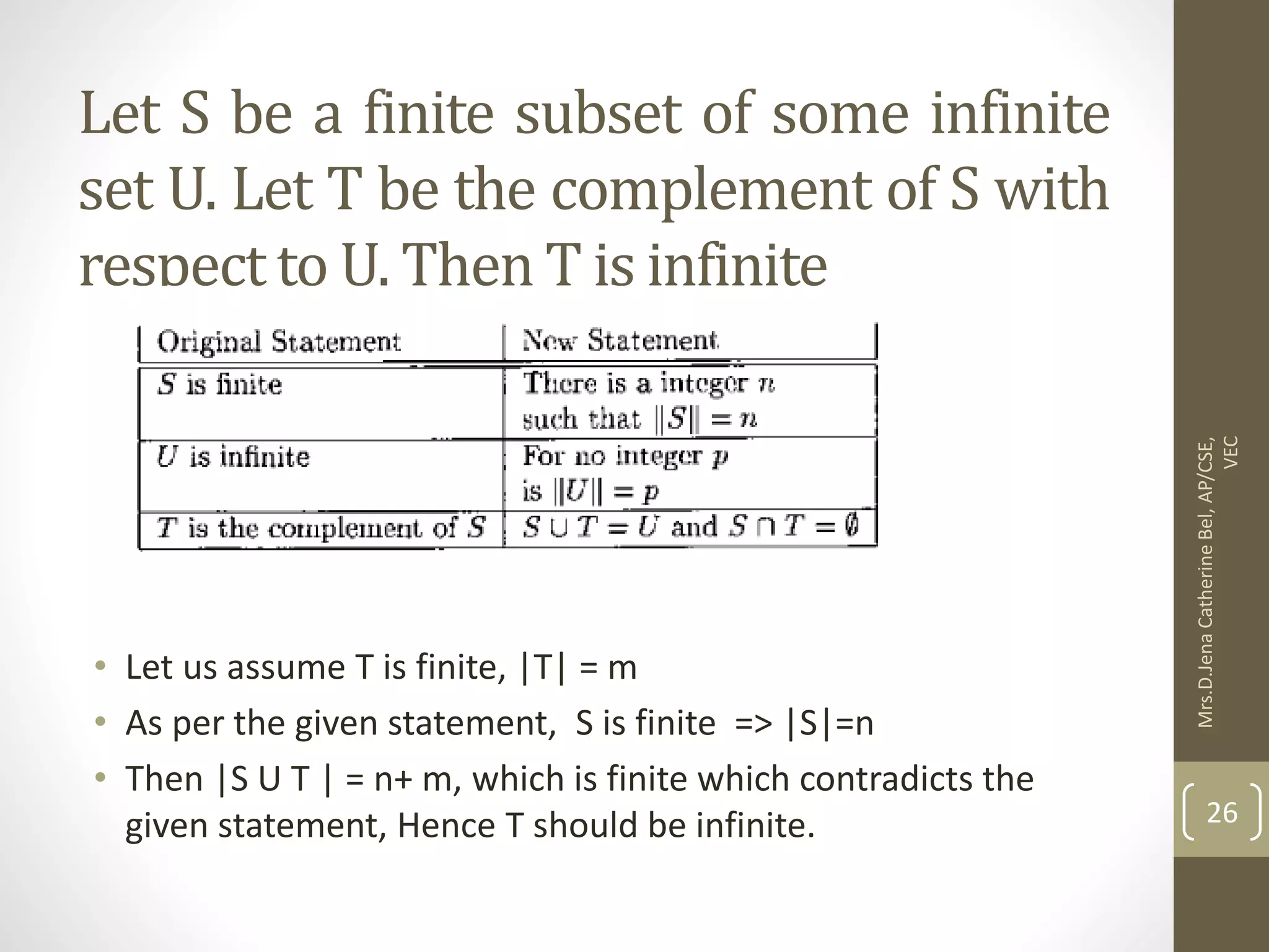 Let S be a finite subset of some infinite set U. Let T be the complement of S with respect to U. Then T is infinite • Let us assume T is finite, |T| = m • As per the given statement, S is finite => |S|=n • Then |S U T | = n+ m, which is finite which contradicts the given statement, Hence T should be infinite. Mrs.D.Jena Catherine Bel, AP/CSE, VEC 26 
