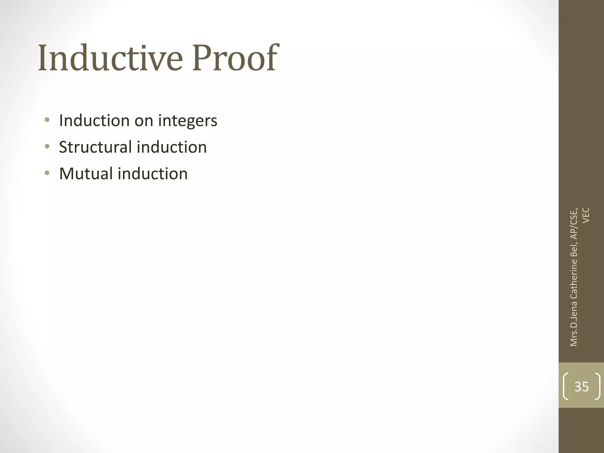 Inductive Proof • Induction on integers • Structural induction • Mutual induction Mrs.D.Jena Catherine Bel, AP/CSE, VEC 35 