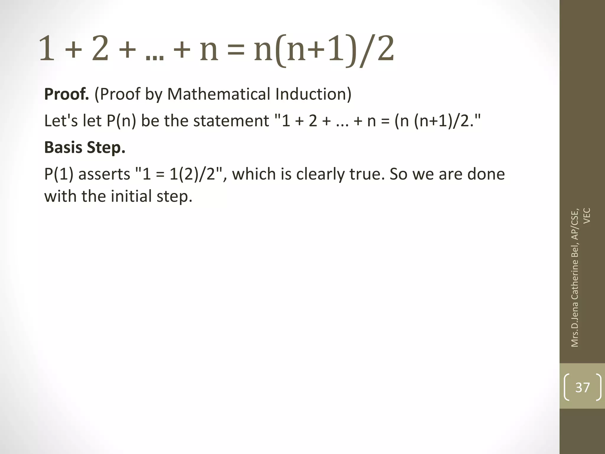 1 + 2 + ... + n = n(n+1)/2 Proof. (Proof by Mathematical Induction) Let's let P(n) be the statement "1 + 2 + ... + n = (n (n+1)/2." Basis Step. P(1) asserts "1 = 1(2)/2", which is clearly true. So we are done with the initial step. Mrs.D.Jena Catherine Bel, AP/CSE, VEC 37 