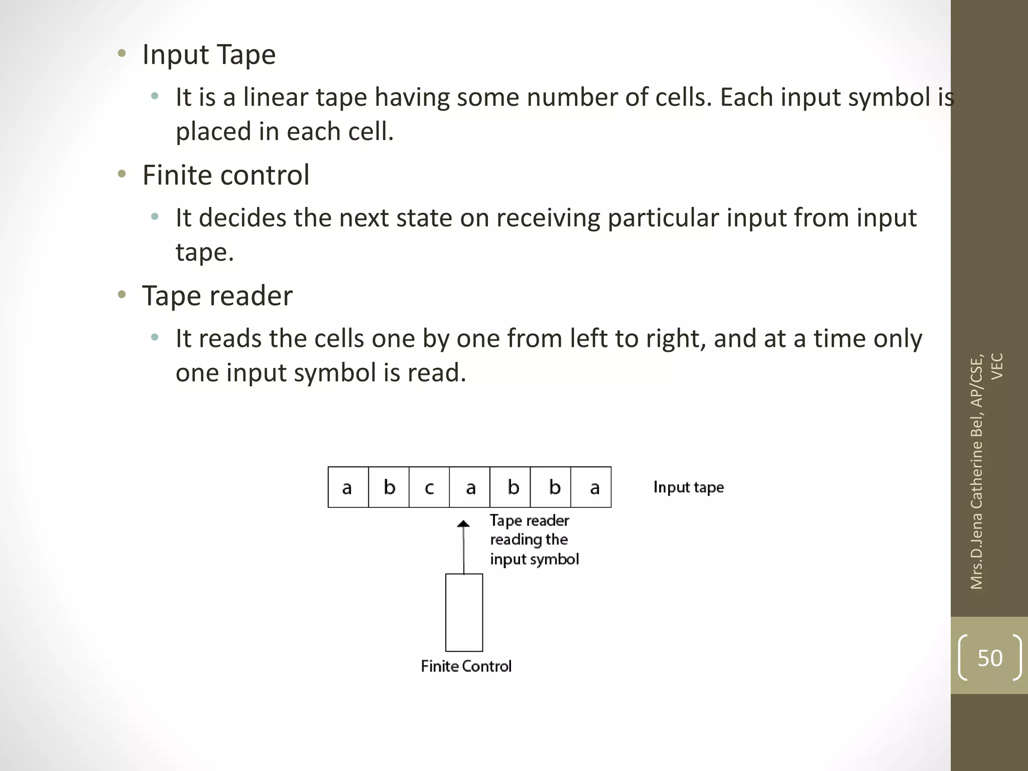 • Input Tape • It is a linear tape having some number of cells. Each input symbol is placed in each cell. • Finite control • It decides the next state on receiving particular input from input tape. • Tape reader • It reads the cells one by one from left to right, and at a time only one input symbol is read. 50 Mrs.D.Jena Catherine Bel, AP/CSE, VEC 