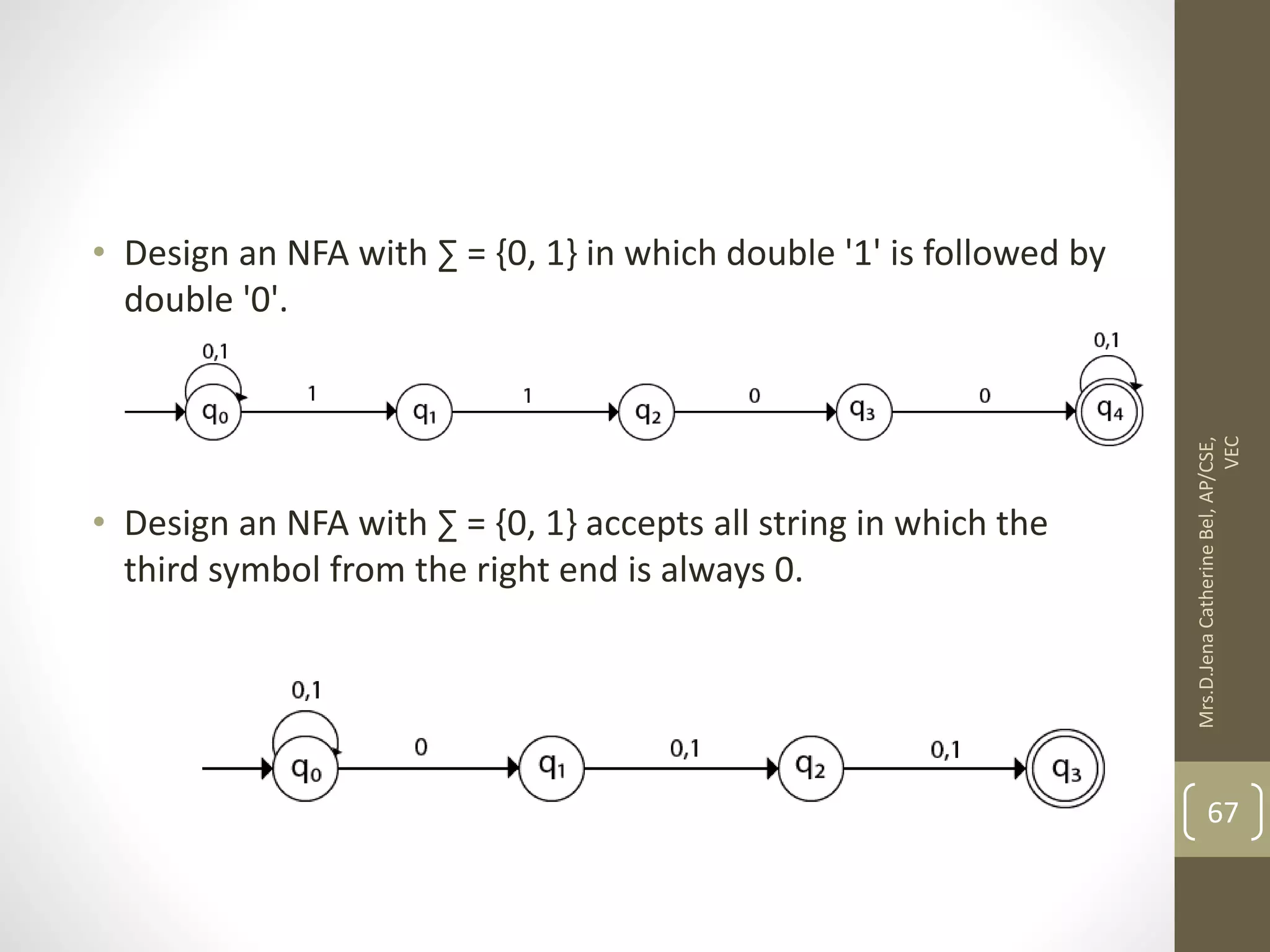 • Design an NFA with ∑ = {0, 1} in which double '1' is followed by double '0'. • Design an NFA with ∑ = {0, 1} accepts all string in which the third symbol from the right end is always 0. 67 Mrs.D.Jena Catherine Bel, AP/CSE, VEC 