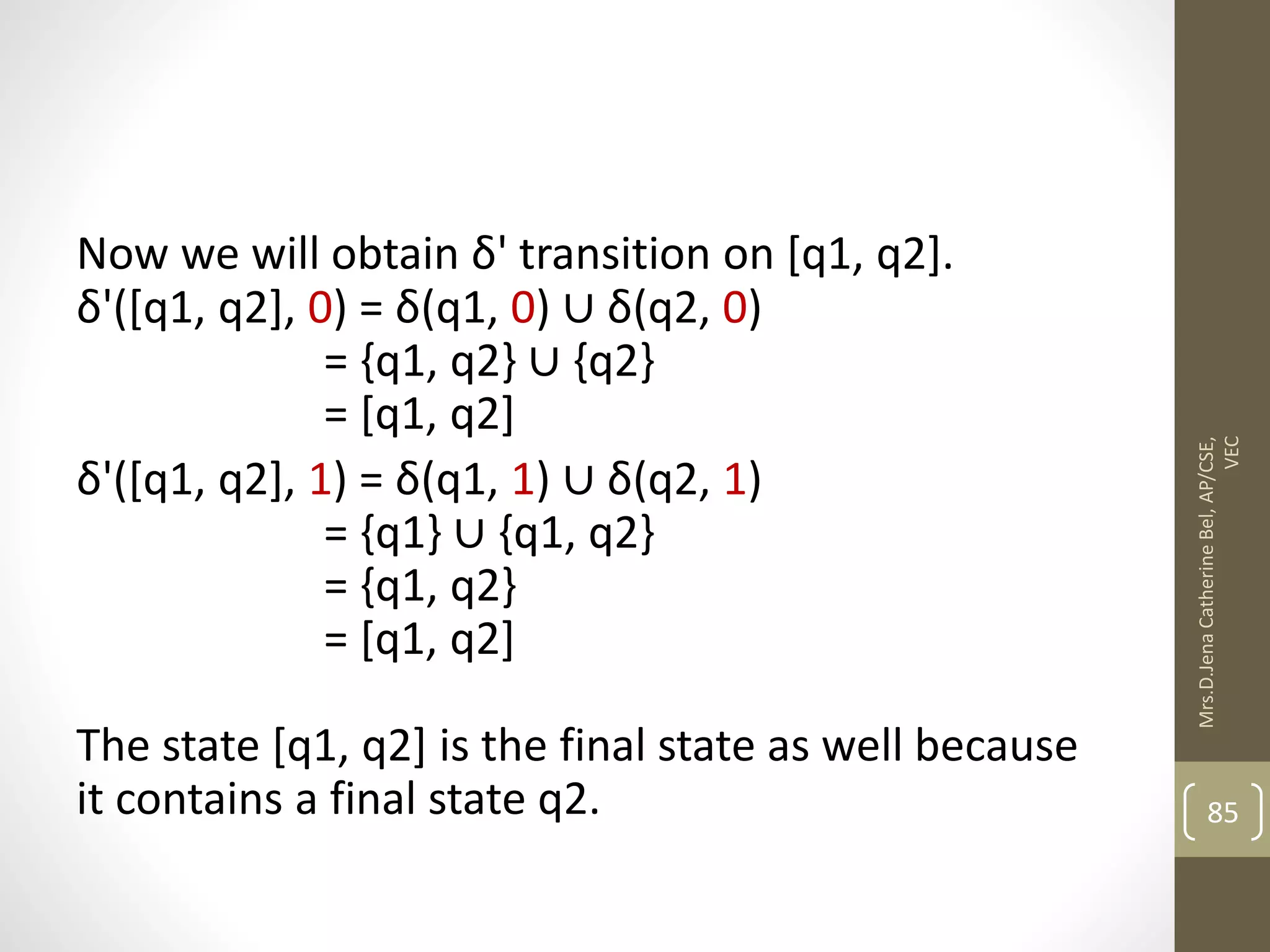 Now we will obtain δ' transition on [q1, q2]. δ'([q1, q2], 0) = δ(q1, 0) ∪ δ(q2, 0) = {q1, q2} ∪ {q2} = [q1, q2] δ'([q1, q2], 1) = δ(q1, 1) ∪ δ(q2, 1) = {q1} ∪ {q1, q2} = {q1, q2} = [q1, q2] The state [q1, q2] is the final state as well because it contains a final state q2. 85 Mrs.D.Jena Catherine Bel, AP/CSE, VEC 