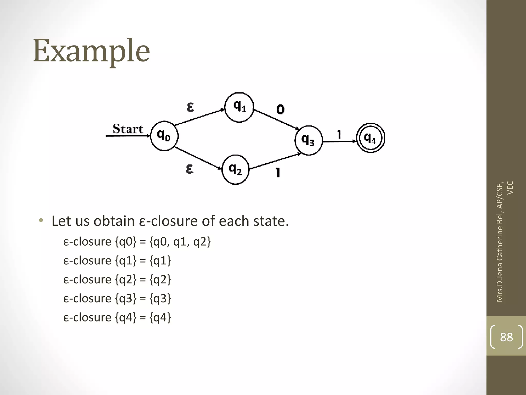 Example • Let us obtain ε-closure of each state. ε-closure {q0} = {q0, q1, q2} ε-closure {q1} = {q1} ε-closure {q2} = {q2} ε-closure {q3} = {q3} ε-closure {q4} = {q4} 88 Mrs.D.Jena Catherine Bel, AP/CSE, VEC 