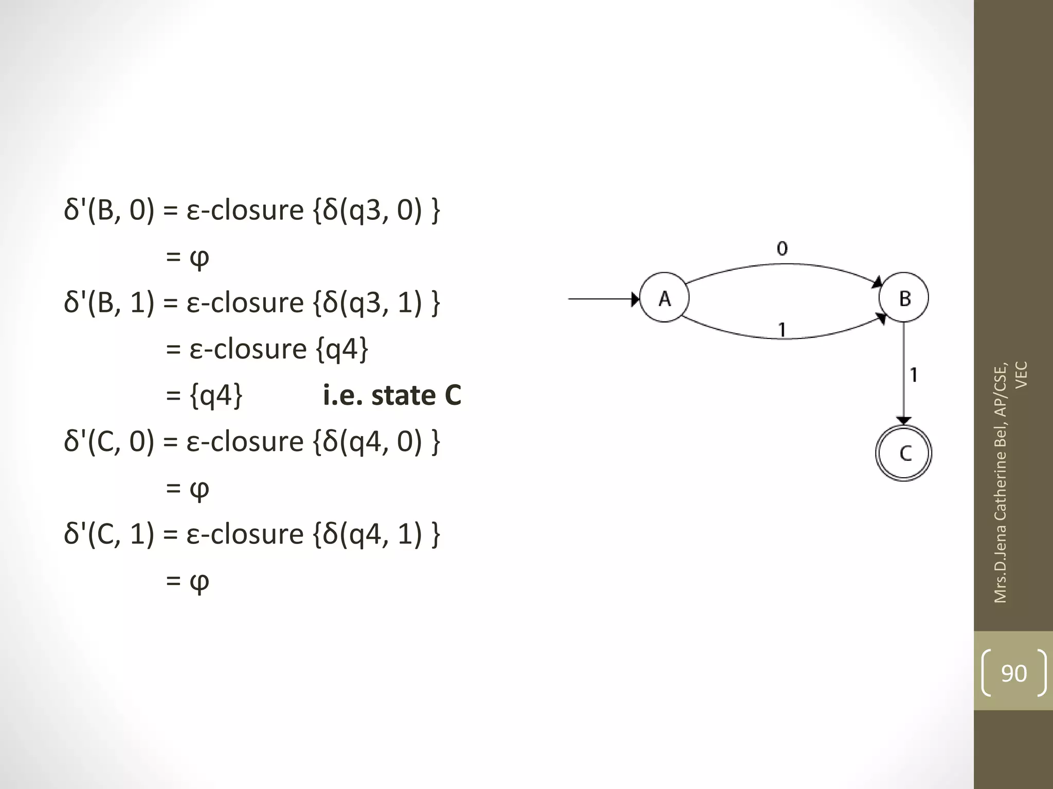 δ'(B, 0) = ε-closure {δ(q3, 0) } = ϕ δ'(B, 1) = ε-closure {δ(q3, 1) } = ε-closure {q4} = {q4} i.e. state C δ'(C, 0) = ε-closure {δ(q4, 0) } = ϕ δ'(C, 1) = ε-closure {δ(q4, 1) } = ϕ 90 Mrs.D.Jena Catherine Bel, AP/CSE, VEC 