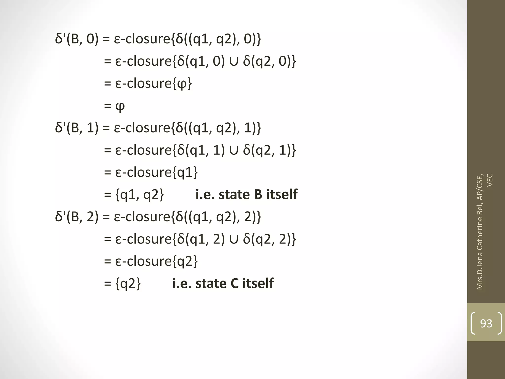 δ'(B, 0) = ε-closure{δ((q1, q2), 0)} = ε-closure{δ(q1, 0) ∪ δ(q2, 0)} = ε-closure{ϕ} = ϕ δ'(B, 1) = ε-closure{δ((q1, q2), 1)} = ε-closure{δ(q1, 1) ∪ δ(q2, 1)} = ε-closure{q1} = {q1, q2} i.e. state B itself δ'(B, 2) = ε-closure{δ((q1, q2), 2)} = ε-closure{δ(q1, 2) ∪ δ(q2, 2)} = ε-closure{q2} = {q2} i.e. state C itself 93 Mrs.D.Jena Catherine Bel, AP/CSE, VEC 