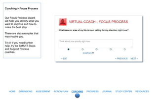 Coaching > Focus Process


Our Focus Process wizard
will help you identify what you
want to improve and how to
make the best step.

There are also examples that
may inspire you.

Try it! If you need further
help, try the SMART Steps
and Support Process
coaches.




   HOME     DIMENSIONS        ASSESSMENT   ACTION PLAN   COACHING   PROGRESS   JOURNAL   STUDY CENTER   RESOURCES
 