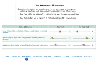 Your Assessment – 12 Dimensions

              Each dimension section has ten statements that define an aspect of whole-person
                wellbeing. You’ll rate each statement with the slider bar, in two different ways:
              • How True is it for you right now? 1= not true for me now, 10 means completely true.

              • How Motivated are you to improve? 1= Not motivated now, 10 = very motivated .




HOME   DIMENSIONS   ASSESSMENT     ACTION PLAN     COACHING     PROGRESS      JOURNAL     STUDY CENTER   RESOURCES
 