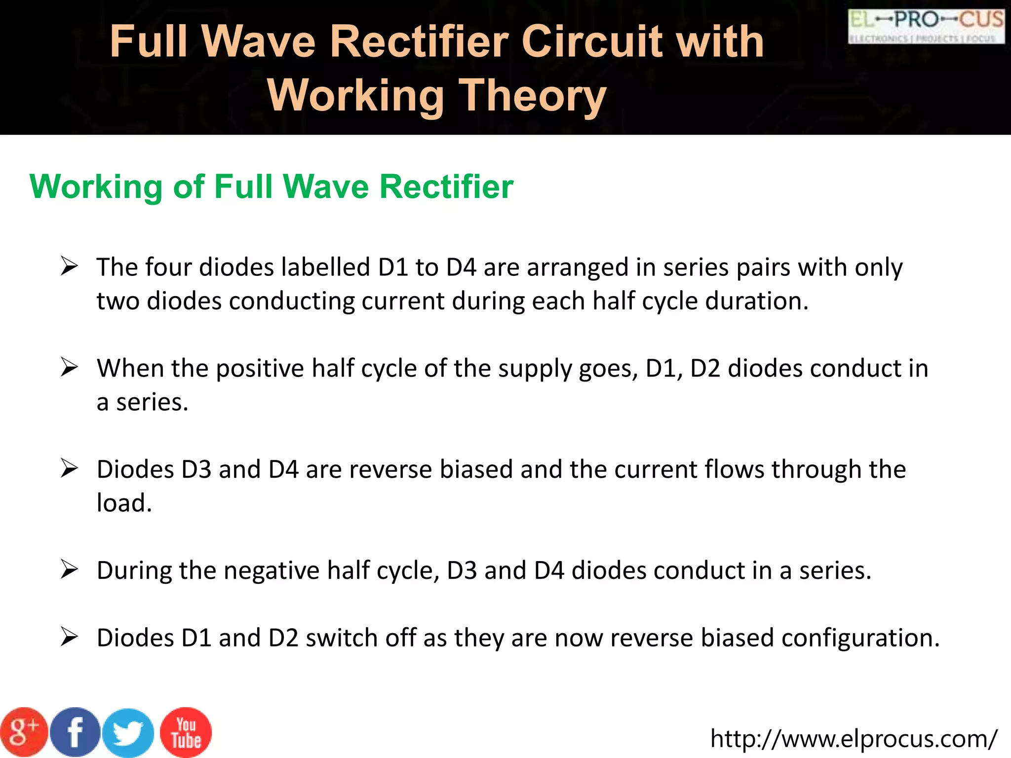 http://www.elprocus.com/
Full Wave Rectifier Circuit with
Working Theory
Working of Full Wave Rectifier
 The four diodes labelled D1 to D4 are arranged in series pairs with only
two diodes conducting current during each half cycle duration.
 When the positive half cycle of the supply goes, D1, D2 diodes conduct in
a series.
 Diodes D3 and D4 are reverse biased and the current flows through the
load.
 During the negative half cycle, D3 and D4 diodes conduct in a series.
 Diodes D1 and D2 switch off as they are now reverse biased configuration.
 