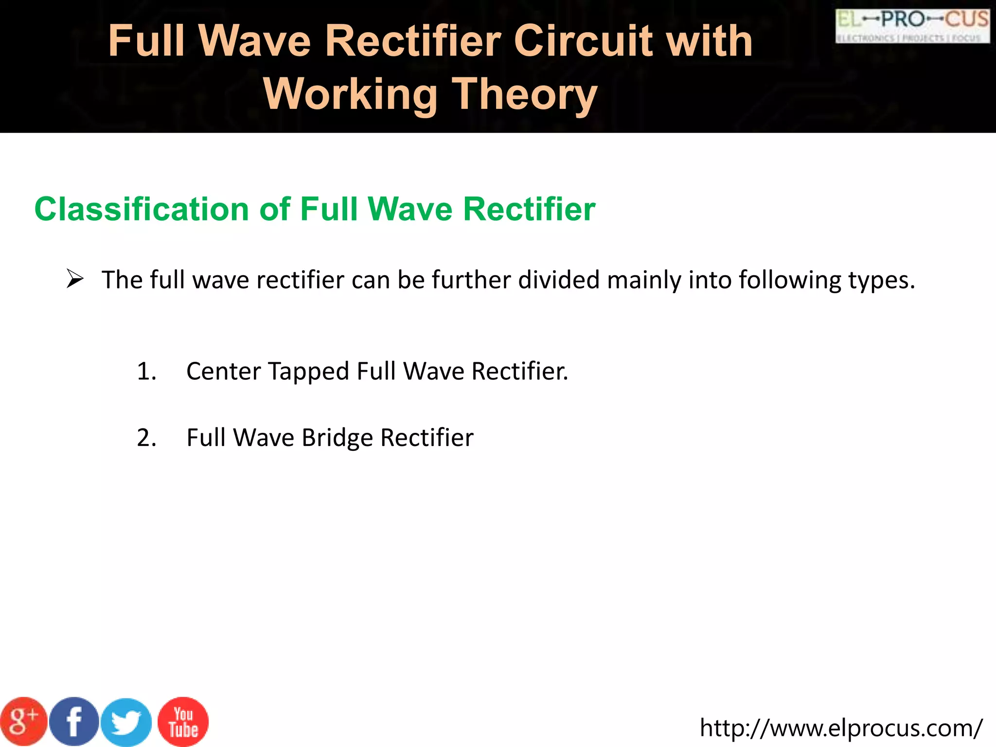 http://www.elprocus.com/
Full Wave Rectifier Circuit with
Working Theory
Classification of Full Wave Rectifier
 The full wave rectifier can be further divided mainly into following types.
1. Center Tapped Full Wave Rectifier.
2. Full Wave Bridge Rectifier
 