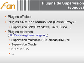 Plugins de Supervision (sondes) Plugins officiels Plugins SNMP de Manubulon (Patrick Proy) : Supervision SNMP Windows, Linux, Cisco, ... Plugins externes  ( http://www.nagiosexchange.org ) Supervision matérielle HP/Compaq/IBM/Dell Supervision Oracle NRPE/NSCA ... 