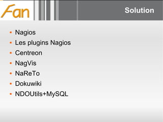 Solution Nagios Les plugins Nagios Centreon NagVis NaReTo Dokuwiki NDOUtils+MySQL 