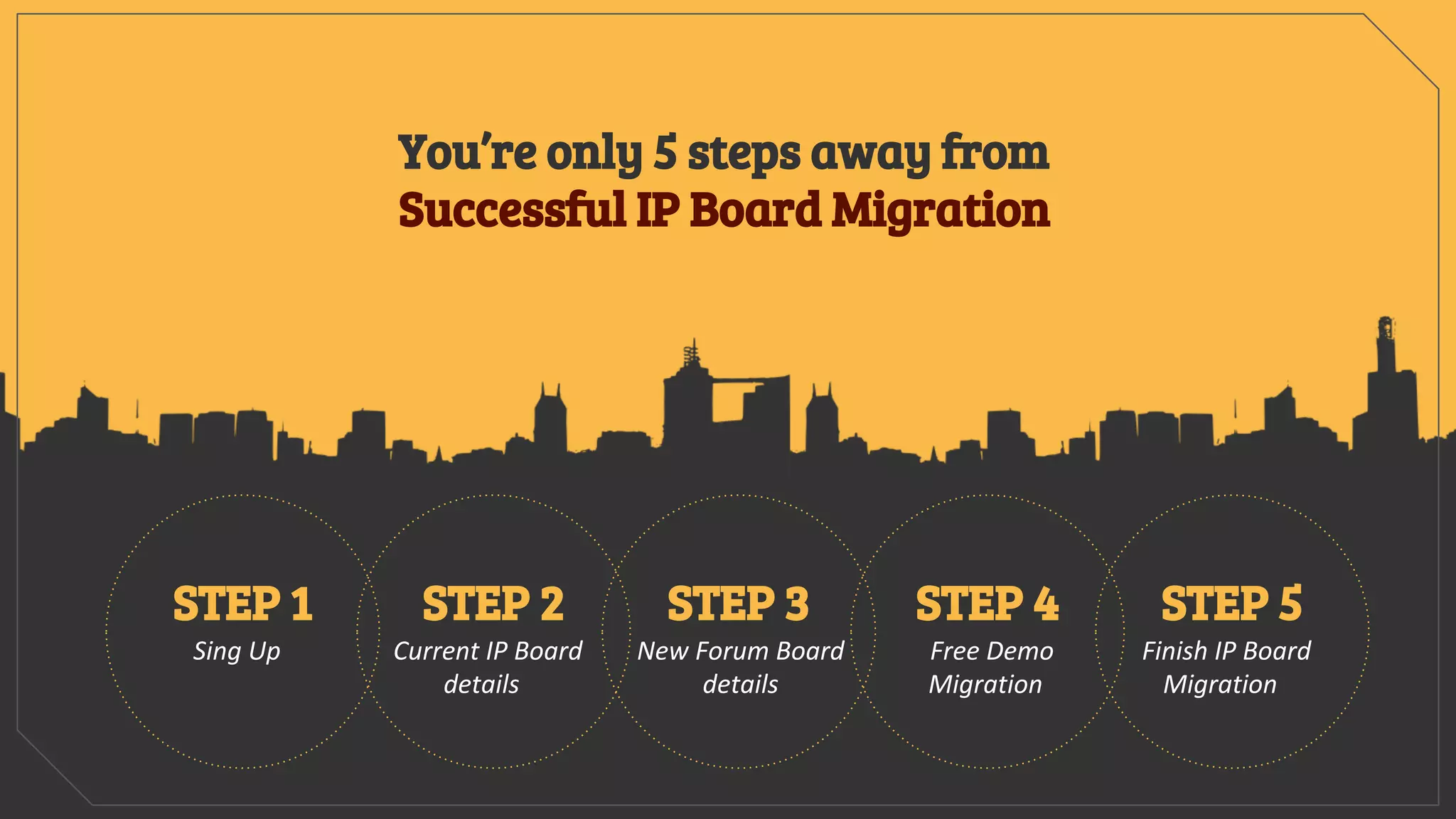 Sing Up
STEP 1
Current IP Board
details
STEP 2
New Forum Board
details
STEP 3
Free Demo
Migration
STEP 4
Finish IP Board
Migration
STEP 5
You’re only 5 steps away from
Successful IP Board Migration
 