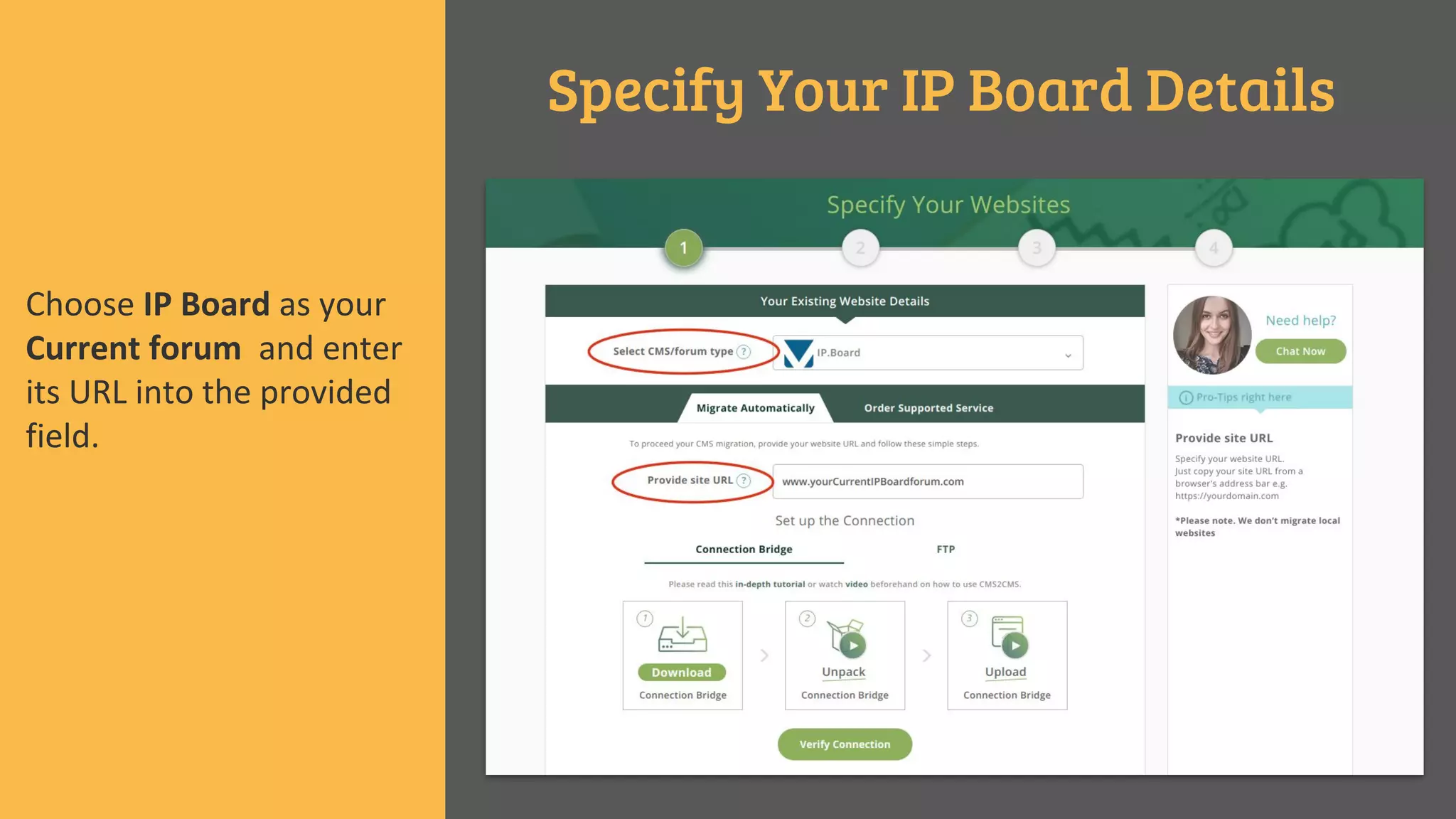 Specify Your IP Board Details
Choose IP Board as your
Current forum and enter
its URL into the provided
field.
 