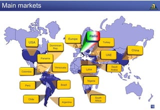 Main markets




       Perù




         Chile
                 Argentina

                             10
 
