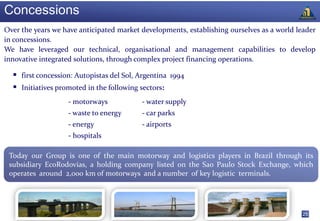 Concessions
Over the years we have anticipated market developments, establishing ourselves as a world leader
in concessions.
We have leveraged our technical, organisational and management capabilities to develop
innovative integrated solutions, through complex project financing operations.

   first concession: Autopistas del Sol, Argentina 1994
   Initiatives promoted in the following sectors:
                   - motorways            - water supply
                   - waste to energy      - car parks
                   - energy               - airports
                   - hospitals

 Today our Group is one of the main motorway and logistics players in Brazil through its
 subsidiary EcoRodovias, a holding company listed on the Sao Paulo Stock Exchange, which
 operates around 2,000 km of motorways and a number of key logistic terminals.




                                                                                           25
 