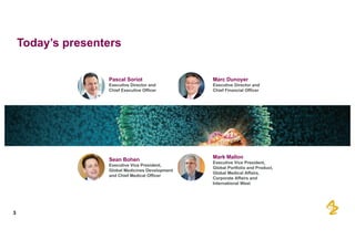 Today’s  presenters
3
Sean  Bohen
Executive  Vice  President,  
Global  Medicines  Development  
and  Chief  Medical  Officer
Pascal  Soriot
Executive  Director  and
Chief  Executive  Officer
Marc  Dunoyer
Executive  Director  and
Chief  Financial  Officer
Mark  Mallon
Executive  Vice  President,  
Global  Portfolio  and  Product,  
Global  Medical  Affairs,  
Corporate  Affairs  and  
International  West
 