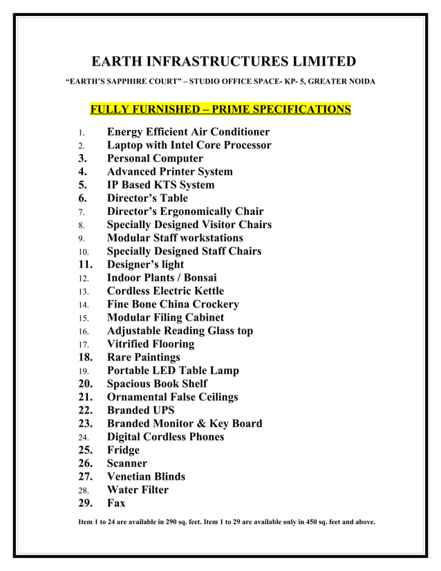 Fully furnished offices specifications | PDF