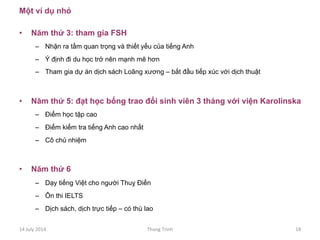 Một ví dụ nhỏ
•  Năm thứ 3: tham gia FSH
–  Nhận ra tầm quan trọng và thiết yếu của tiếng Anh
–  Ý định đi du học trở nên mạnh mẽ hơn
–  Tham gia dự án dịch sách Loãng xương – bắt đầu tiếp xúc với dịch thuật
•  Năm thứ 5: đạt học bổng trao đổi sinh viên 3 tháng với viện Karolinska
–  Điểm học tập cao
–  Điểm kiểm tra tiếng Anh cao nhất
–  Cô chủ nhiệm
•  Năm thứ 6
–  Dạy tiếng Việt cho người Thuỵ Điển
–  Ôn thi IELTS
–  Dịch sách, dịch trực tiếp – có thù lao
14	
 July	
 2014	
  Thang	
 Trinh	
  18	
 
 
