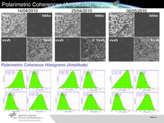 14/04/2010 25/04/2010 06/05/2010 Polarimetric Coherence Histograms (Amplitude) hhvv hvvh hhhv vvvh hhvv hvvh hhhv vvvh hhvv hvvh hhhv vvvh Polarimetric Coherences (Amplitude) 