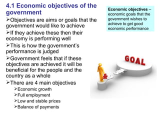 4.1 Economic objectives of the
government
Objectives are aims or goals that the
government would like to achieve
If they achieve these then their
economy is performing well
This is how the government’s
performance is judged
Government feels that if these
objectives are achieved it will be
beneficial for the people and the
country as a whole
There are 4 main objectives
Economic growth
Full employment
Low and stable prices
Balance of payments
Economic objectives –
economic goals that the
government wishes to
achieve to get good
economic performance
 