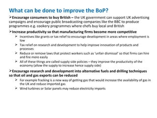 What can be done to improve the BoP?
Encourage consumers to buy British – the UK government can support UK advertising
campaigns and encourage public broadcasting companies like the BBC to produce
programmes e.g. cookery programmes where chefs buy local and British
Increase productivity so that manufacturing firms become more competitive
 Incentives like grants or tax relief to encourage development in areas where employment is
low
 Tax relief on research and development to help improve innovation of products and
processes
 Reduce or remove laws that protect workers such as ‘unfair dismissal’ so that firms can hire
and fire more easily
 All of these things are called supply side policies – they improve the productivity of the
economy (allow the supply to increase hence supply side)
Encourage research and development into alternative fuels and drilling techniques
so that oil and gas exports can be reduced
 For example fracking is a new way of getting gas that would increase the availability of gas in
the UK and reduce imported gas
 Wind turbines or Solar panels may reduce electricity imports
 