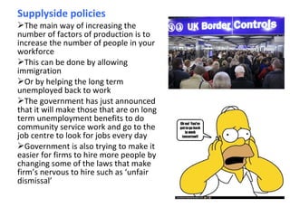 Supplyside policies
The main way of increasing the
number of factors of production is to
increase the number of people in your
workforce
This can be done by allowing
immigration
Or by helping the long term
unemployed back to work
The government has just announced
that it will make those that are on long
term unemployment benefits to do
community service work and go to the
job centre to look for jobs every day
Government is also trying to make it
easier for firms to hire more people by
changing some of the laws that make
firm’s nervous to hire such as ‘unfair
dismissal’
 