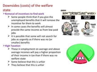 Downsides (costs) of the welfare
state
Removal of incentives to find work
 Some people think that if you give the
unemployed benefits that it will remove the
incentive for them to work
 In some cases the benefits will almost
provide the same income as from low paid
jobs
 It is possible that some will not search for
jobs as urgently as if there was no (or
smaller) benefits
High Taxation
 Those in employment on average and above
average incomes will pay a higher proportion
of their income in tax than if there was no
welfare state
 Some believe that this is unfair
 They believe that this is unfair
 
