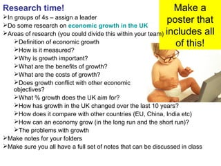 Make a
poster that
includes all
of this!
Research time!
In groups of 4s – assign a leader
Do some research on economic growth in the UK
Areas of research (you could divide this within your team)
Definition of economic growth
How is it measured?
Why is growth important?
What are the benefits of growth?
What are the costs of growth?
Does growth conflict with other economic
objectives?
What % growth does the UK aim for?
How has growth in the UK changed over the last 10 years?
How does it compare with other countries (EU, China, India etc)
How can an economy grow (in the long run and the short run)?
The problems with growth
Make notes for your folders
Make sure you all have a full set of notes that can be discussed in class
 