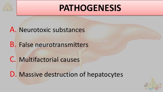 PATHOGENESIS
A. Neurotoxic substances
B. False neurotransmitters
C. Multifactorial causes
D. Massive destruction of hepato...