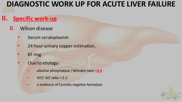 DIAGNOSTIC WORK UP FOR ACUTE LIVER FAILURE
II. Specific work-up
B. Wilson disease
• Serum ceruloplasmin
• 24 hour urinary ...