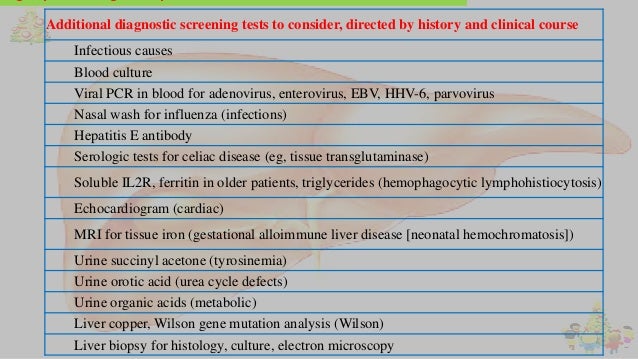 Additional diagnostic screening tests to consider, directed by history and clinical course
Infectious causes
Blood culture...
