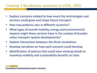 Creating 3 Revolutions scenarios to 2030, 2050
• Explore scenarios related to how much the technologies and
services could grow and shape future transport
• How may patterns vary in different countries?
• What types of overall mobility, energy and environmental
impacts might these services have in the context of broader
urban transport system developments?
• Explore interactions between the three revolutions
• Develop narratives on how each scenario could develop
• Identification of policies that could steer existing trends to
maximize mobility and sustainability benefits to cities
 