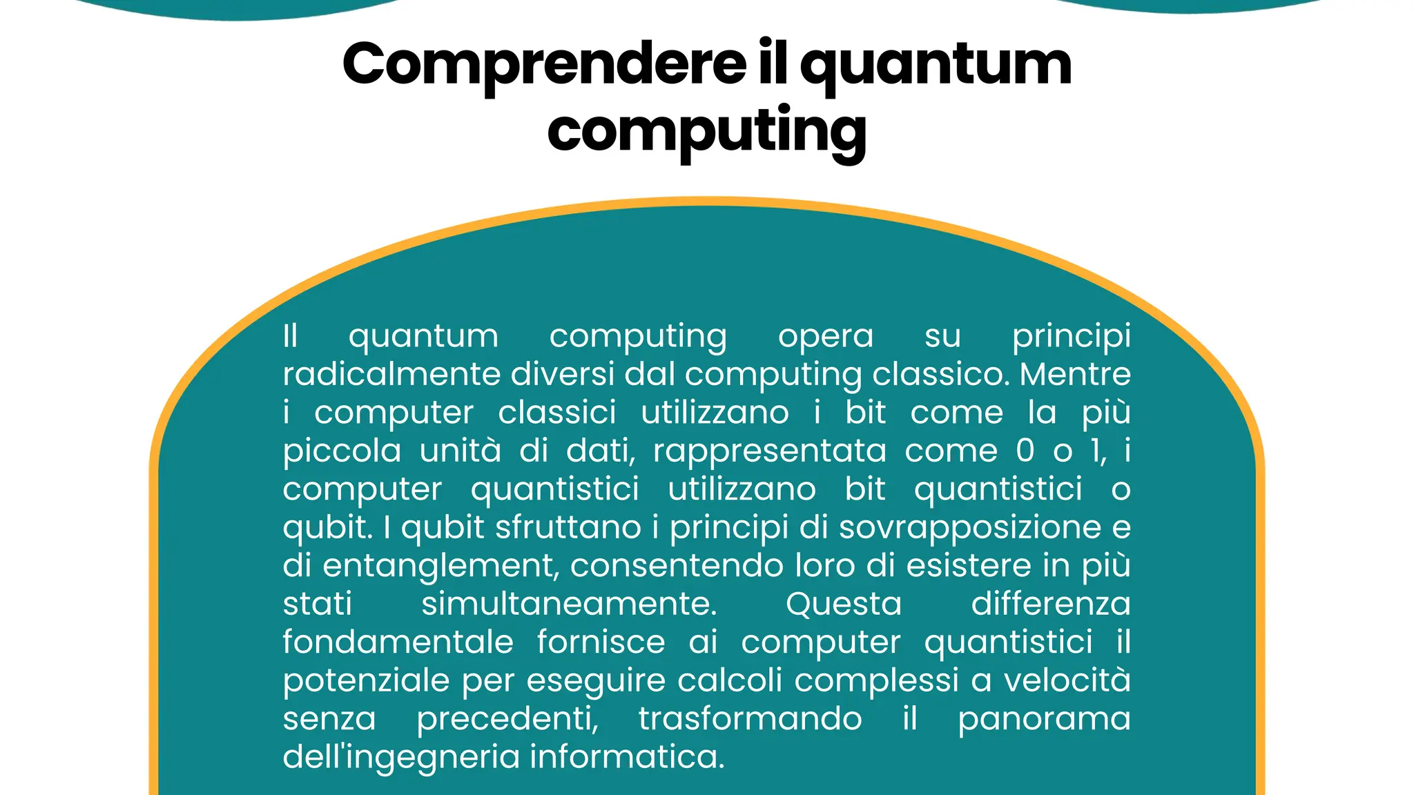 Comprendere il quantum
computing
Il quantum computing opera su principi
radicalmente diversi dal computing classico. Mentre
i computer classici utilizzano i bit come la più
piccola unità di dati, rappresentata come 0 o 1, i
computer quantistici utilizzano bit quantistici o
qubit. I qubit sfruttano i principi di sovrapposizione e
di entanglement, consentendo loro di esistere in più
stati simultaneamente. Questa differenza
fondamentale fornisce ai computer quantistici il
potenziale per eseguire calcoli complessi a velocità
senza precedenti, trasformando il panorama
dell'ingegneria informatica.
 