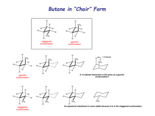 Butane in “Chair” Form
H
H
H
H
CH3
H
H
H
H
H
H
H
H
CH3
H
H
staggered
conformation
gauche
conformation
H
H
H
H
CH3
H
H
H
gauche
conformation
CH3
H
H
H
H
H
CH3
H
H
H
H
H
H
H
H
H
H
CH3
H
H
staggered
conformation
H
H
H
H
H
CH3
H
H
H
H
H
CH3
CH3
H
1,3-diaxial
A 1,3-diaxial interaction is the same as a gauche
conformation!!
CH3
An equatorial substituent is more stable because it is in the staggered conformation.
 