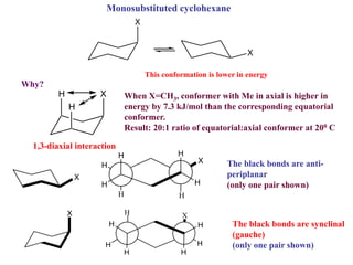 X
X
Monosubstituted cyclohexane
This conformation is lower in energy
Why?
X
H
H When X=CH3, conformer with Me in axial is higher in
energy by 7.3 kJ/mol than the corresponding equatorial
conformer.
Result: 20:1 ratio of equatorial:axial conformer at 200 C
1,3-diaxial interaction
The black bonds are anti-
periplanar
(only one pair shown)
The black bonds are synclinal
(gauche)
(only one pair shown)
X
H
H
H
H
X
H
H
H
X
H
H
H
H
H
H
H
X
 