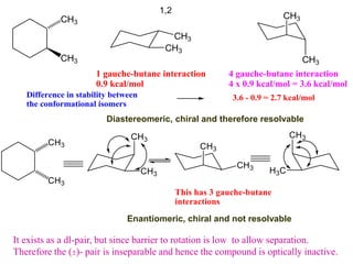 It exists as a dl-pair, but since barrier to rotation is low to allow separation.
Therefore the ()- pair is inseparable and hence the compound is optically inactive.
CH3
CH3
CH3
CH3
CH3
CH3
1 gauche-butane interaction
0.9 kcal/mol
4 gauche-butane interaction
4 x 0.9 kcal/mol = 3.6 kcal/mol
Difference in stability between
the conformational isomers
3.6 - 0.9 = 2.7 kcal/mol
Diastereomeric, chiral and therefore resolvable
Enantiomeric, chiral and not resolvable
1,2
 