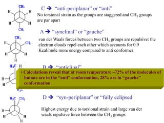 No torsional strain as the groups are staggered and CH3 groups
are par apart
van der Waals forces between two CH3 groups are repulsive: the
electron clouds repel each other which accounts for 0.9
Kcal/mole more energy compared to anti conformer
Highest energy due to torsional strain and large van der
waals repulsive force between the CH3 groups
D  “syn-periplanar” or “fully eclipsed
C  “anti-periplanar” or “anti”
A  “synclinal” or “gauche”
B  “anticlinal”
torsional strain and large van der waals repulsive forces
between the H and CH3 groups
• Calculations reveal that at room temperature ~72% of the molecules of
butane are in the “anti” conformation, 28% are in “gauche”
conformation
 
