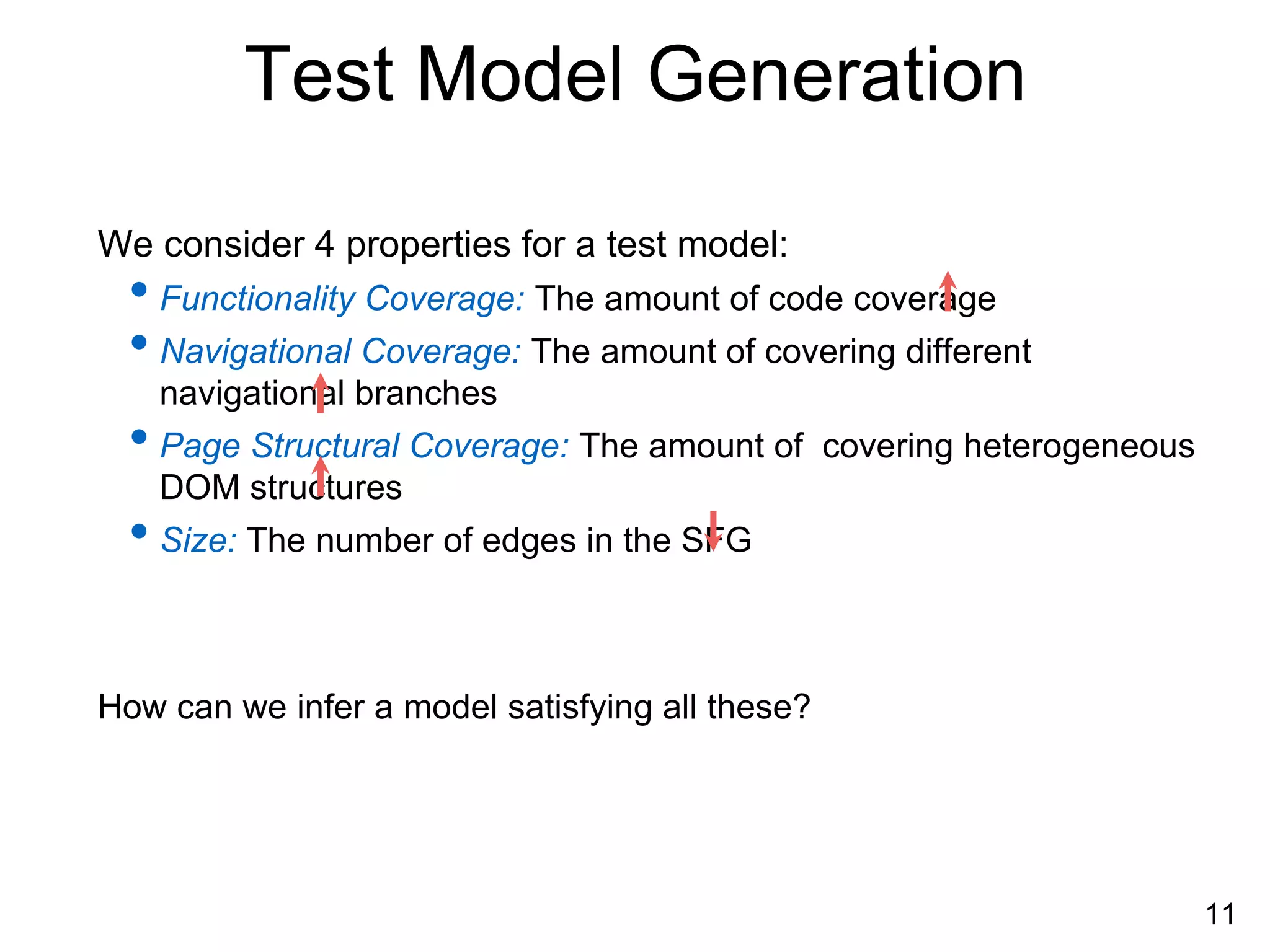 Test Model Generation
We consider 4 properties for a test model:
• Functionality Coverage: The amount of code coverage
• Navigational Coverage: The amount of covering different
navigational branches
• Page Structural Coverage: The amount of covering heterogeneous
DOM structures
• Size: The number of edges in the SFG
How can we infer a model satisfying all these?
11
 