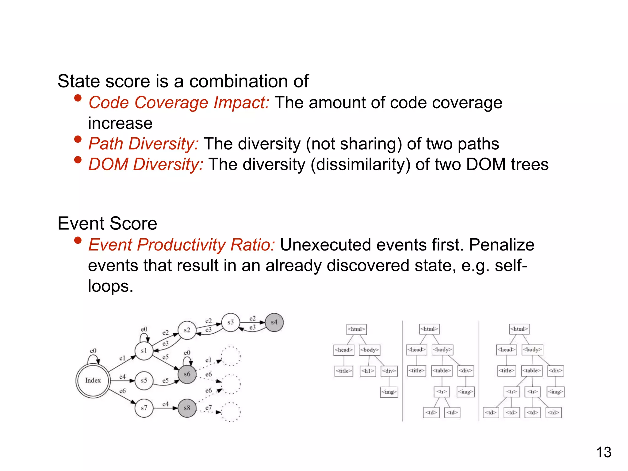 State score is a combination of
• Code Coverage Impact: The amount of code coverage
increase
• Path Diversity: The diversity (not sharing) of two paths
• DOM Diversity: The diversity (dissimilarity) of two DOM trees
Event Score
• Event Productivity Ratio: Unexecuted events first. Penalize
events that result in an already discovered state, e.g. self-
loops.
13
 