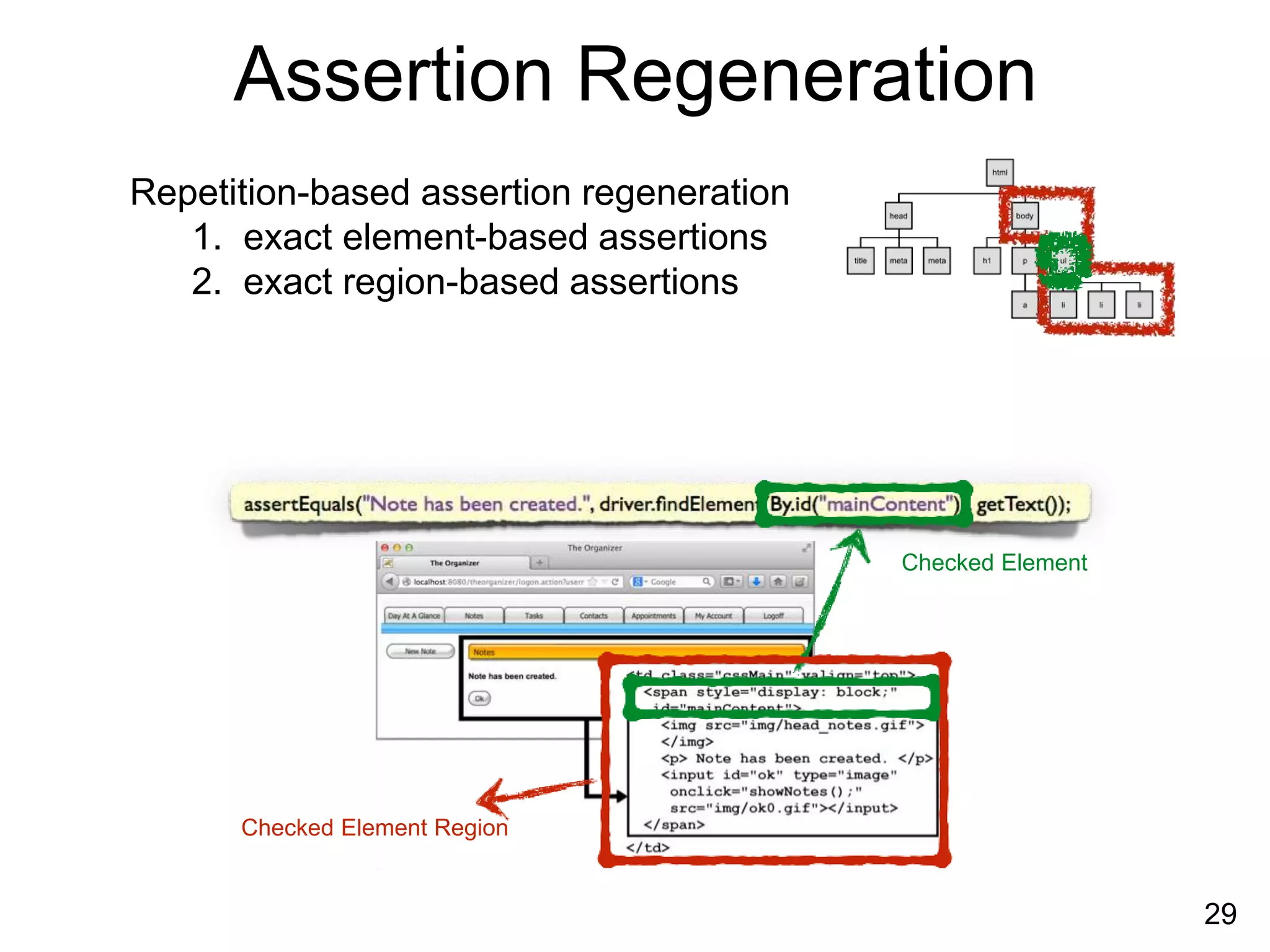 Assertion Regeneration
Repetition-based assertion regeneration
1. exact element-based assertions
2. exact region-based assertions
29
Checked Element
Checked Element Region
 