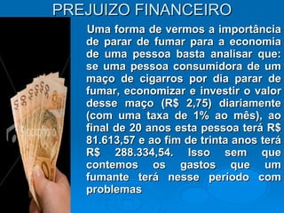 PREJUIZO FINANCEIRO Uma forma de vermos a importância de parar de fumar para a economia de uma pessoa basta analisar que: se uma pessoa consumidora de um maço de cigarros por dia parar de fumar, economizar e investir o valor desse maço (R$ 2,75) diariamente (com uma taxa de 1% ao mês), ao final de 20 anos esta pessoa terá R$ 81.613,57 e ao fim de trinta anos terá R$ 288.334,54. Isso sem que contemos os gastos que um fumante terá nesse período com problemas 