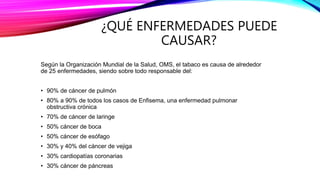 ¿QUÉ ENFERMEDADES PUEDE
CAUSAR?
Según la Organización Mundial de la Salud, OMS, el tabaco es causa de alrededor
de 25 enfermedades, siendo sobre todo responsable del:
• 90% de cáncer de pulmón
• 80% a 90% de todos los casos de Enfisema, una enfermedad pulmonar
obstructiva crónica
• 70% de cáncer de laringe
• 50% cáncer de boca
• 50% cáncer de esófago
• 30% y 40% del cáncer de vejiga
• 30% cardiopatías coronarias
• 30% cáncer de páncreas
 