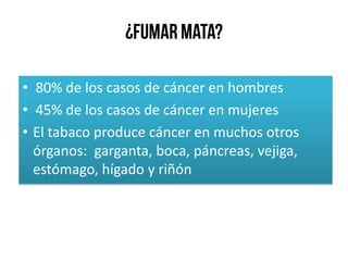 • 80% de los casos de cáncer en hombres
• 45% de los casos de cáncer en mujeres
• El tabaco produce cáncer en muchos otros
órganos: garganta, boca, páncreas, vejiga,
estómago, hígado y riñón
 