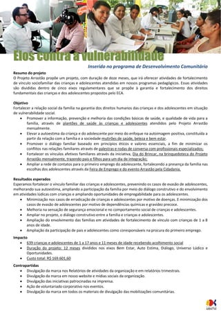 EEllooss ccoonnttrraa aa vvuullnneerraabbiilliiddaaddee 
Inserido no programa de Desenvolvimento Comunitário 
Resumo do projeto 
O Projeto Arrastão propõe um projeto, com duração de doze meses, que irá oferecer atividades de fortalecimento de vínculo sociofamiliar das crianças e adolescentes atendidas em nossos programas pedagógicos. Essas atividades são divididas dentro de cinco eixos regulamentares que se propõe à garantia e fortalecimento dos direitos fundamentais das crianças e dos adolescentes propostos pelo ECA. 
Objetivo 
Fortalecer a relação social da família na garantia dos direitos humanos das crianças e dos adolescentes em situação de vulnerabilidade social. 
 Promover a informação, prevenção e melhoria das condições básicas de saúde, e qualidade de vida para a família, através de plantões de saúde às crianças e adolescentes atendidos pelo Projeto Arrastão mensalmente. 
 Elevar a autoestima da criança e do adolescente por meio do enfoque na autoimagem positiva, constituída a partir da relação com a família e a sociedade mutirões de saúde, beleza e bem estar. 
 Promover o diálogo familiar baseado em princípios éticos e valores essenciais, a fim de minimizar os conflitos nas relações familiares através de palestras e rodas de conversa com profissionais especializados; 
 Fortalecer os vínculos afetivos familiares através da iniciativa, Dia do Brincar, na brinquedoteca do Projeto Arrastão mensalmente, trazendo pais e filhos para um dia de integração; 
 Ampliar a rede de contatos para o primeiro emprego do adolescente, fortalecendo a presença da família nas escolhas dos adolescentes através da Feira de Emprego e do evento Arrastão pela Cidadania. 
Resultados esperados 
Esperamos fortalecer o vínculo familiar das crianças e adolescentes, prevenindo os casos de evasão de adolescentes, melhorando sua autoestima, ampliando a participação da família por meio do diálogo construtivo e do envolvimento em atividades lúdicas com crianças e ampliando oportunidades de empregabilidade para os adolescentes. 
 Minimização nos casos de erradicação de crianças e adolescentes por motivo de doenças. E minimização dos casos de evasão de adolescentes por motivo de dependências químicas e gravidez precoce. 
 Melhoria na sensação de segurança emocional e no comportamento social de crianças e adolescentes. 
 Ampliar no projeto, o diálogo construtivo entre a família e crianças e adolescentes. 
 Ampliação do envolvimento das famílias em atividades de fortalecimento de vínculo com crianças de 1 a 8 anos de idade. 
 Ampliação da participação de pais e adolescentes como coresponsáveis na procura do primeiro emprego. 
Impacto 
 639 crianças e adolescentes de 1 a 17 anos e 11 meses de idade recebendo acolhimento social 
 Duração do projeto: 12 meses divididos nos eixos Bem Estar, Auto Estima, Diálogo, Universo Lúdico e Oportunidades. 
 Custo total: R$ 169.601,60 
Contrapartidas 
 Divulgação da marca nos Relatórios de atividades da organização e em relatórios trimestrais. 
 Divulgação da marca em nosso website e mídias sociais da organização. 
 Divulgação das iniciativas patrocinadas na imprensa. 
 Ação de voluntariado corporativo nos eventos. 
 Divulgação da marca em todos os materiais de divulgação das mobilizações comunitárias. 