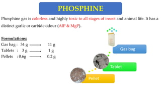 Phosphine gas is colorless and highly toxic to all stages of insect and animal life. It has a
distinct garlic or carbide odour (AlP & MgP).
Formulations:
Gas bag : 34 g 11 g
Tablets : 3 g 1 g
Pellets : 0.6g 0.2 g
Pellet
Tablet
Gas bag
PHOSPHINE
 