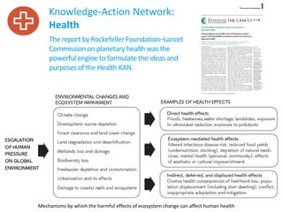 The report by Rockefeller Foundation–Lancet
Commission on planetaryhealth was the
powerfulengineto formulate the ideas and
purposesof the Health KAN.
Mechanisms by which the harmful effects of ecosystem change can affect human health
Knowledge-Action Network:
Health
 