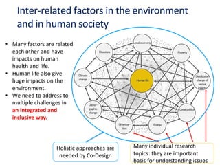 Inter-related factors in the environment
and in human society
• Many factors are related
each other and have
impacts on human
health and life.
• Human life also give
huge impacts on the
environment.
• We need to address to
multiple challenges in
an integrated and
inclusive way.
Localeconomy
Localpolitics
Urbaniza-
tion
Climate
change
Disasters
Energy
Distribution
changeof
vector
insects
Demo-
graphic
change
Humanlife
Poverty
Many individual research
topics: they are important
basis for understanding issues
Holistic approaches are
needed by Co-Design
 