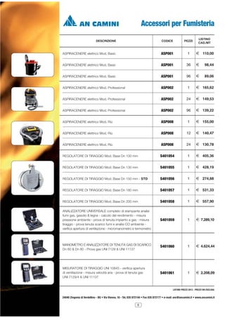 Accessori per Fumisteria
DESCRIZIONE

CODICE

PEZZI

LISTINO
CAD./MT

ASPIRACENERE elettrico Mod. Basic

ASP001

1

2 110,00

ASPIRACENERE elettrico Mod. Basic

ASP001

36

2

98,44

ASPIRACENERE elettrico Mod. Basic

ASP001

96

2

89,06

ASPIRACENERE elettrico Mod. Professional

ASP002

1

2 165,62

ASPIRACENERE elettrico Mod. Professional

ASP002

24

2 149,53

ASPIRACENERE elettrico Mod. Professional

ASP002

96

2 139,22

ASPIRACENERE elettrico Mod. Riù

ASP008

1

2 155,00

ASPIRACENERE elettrico Mod. Riù

ASP008

12

2 140,47

ASPIRACENERE elettrico Mod. Riù

ASP008

24

2 130,78

REGOLATORE DI TIRAGGIO Mod. Base Dn 100 mm

S401054

1

2 405,36

REGOLATORE DI TIRAGGIO Mod. Base Dn 130 mm

S401055

1

2 428,19

REGOLATORE DI TIRAGGIO Mod. Base Dn 150 mm - STD

S401056

1

2 274,88

REGOLATORE DI TIRAGGIO Mod. Base Dn 180 mm

S401057

1

2 531,33

REGOLATORE DI TIRAGGIO Mod. Base Dn 200 mm

S401058

1

2 557,90

ANALIZZATORE UNIVERSALE completo di stampante analisi
fumi gas, gasolio & legna - calcolo del rendimento - misura
pressione ambiente - prova di tenuta impianto a gas - misura
tiraggio - prova tenuta scarico fumi e analisi CO ambiente verifica apertura di ventilazione - micromanometro e termometro

S401059

1

2 7.289,10

MANOMETRO E ANALIZZATORE DI TENUTA GAS DI SCARICO
Dn 60 & Dn 80 - Prova gas UNI 7129 & UNI 11137

S401060

1

2 4.624,44

MISURATORE DI TIRAGGIO UNI 10845 - verifica apertura
di ventilazione - misura velocità aria - prova di tenuta gas
UNI 7129/4 & UNI 11137

S401061

1

2 2.208,09

LISTINO PREZZI 2013 - PREZZI IVA ESCLUSA

24040 Zingonia di Verdellino - BG • Via Vienna, 16 - Tel. 035 872144 • Fax 035 872177 • e-mail: anc@ancamini.it • www.ancamini.it
8

 